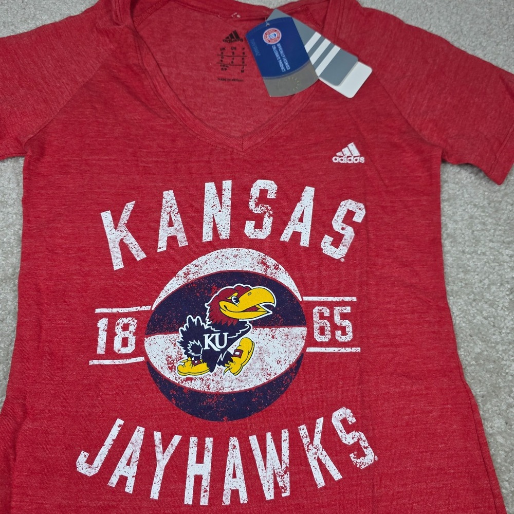 Adidas V-Neck T-Shirt Womens S Red Logo Kansas Jayhawks Basketball NCAA NWT